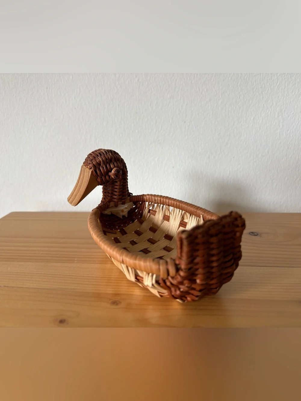 Vintage Wicker Duck Basket | Mid Century Rattan Catchall Bowl Wood Beak